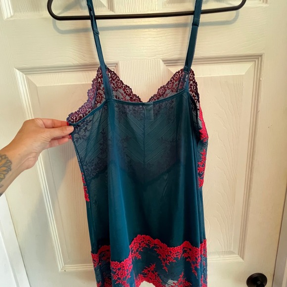 WACOAL Lace Trim Chemise Dress Teal & Pink Floral Lingerie Slip Sheer Nightie L - Picture 7 of 8